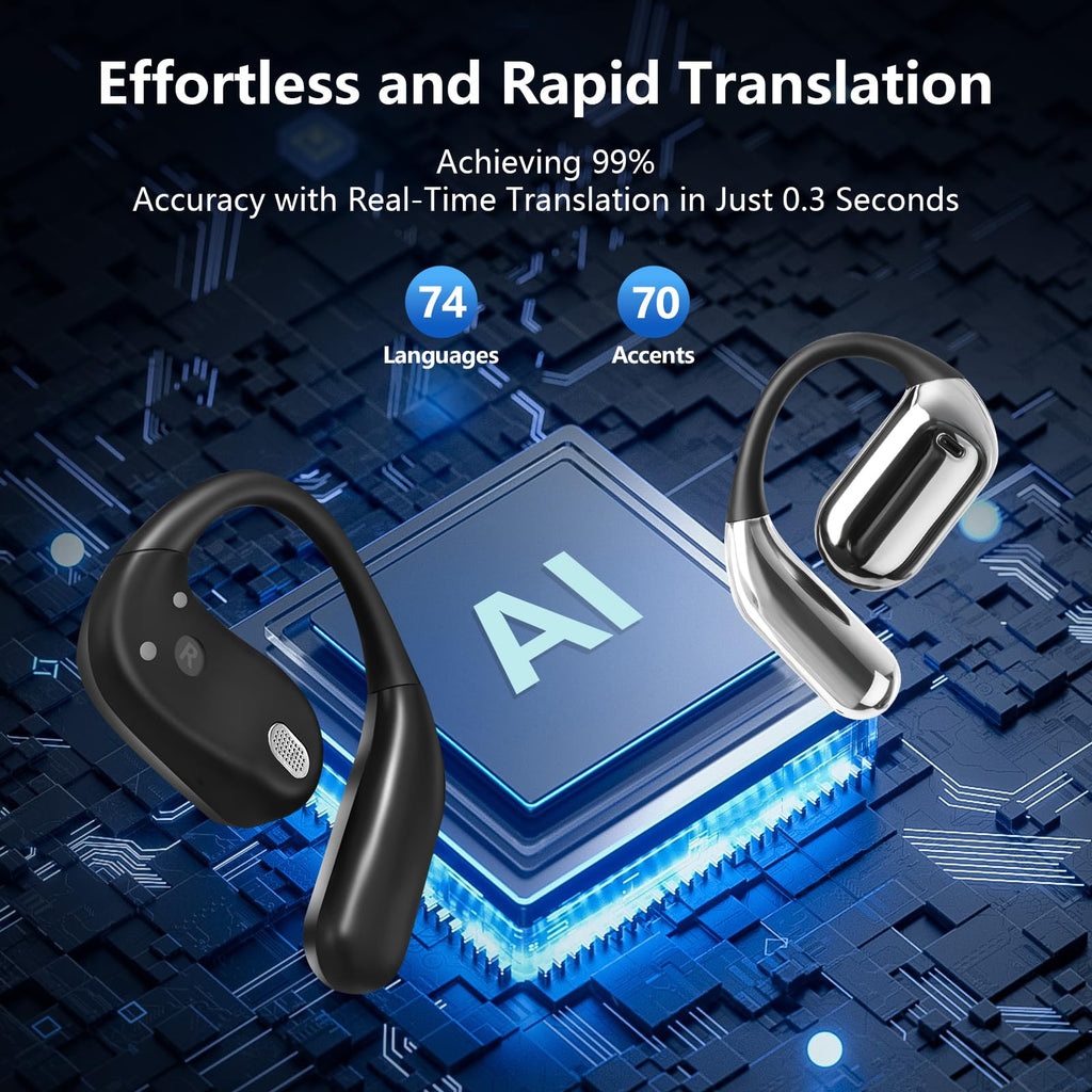 Craques AI translation earbuds in black and silver with 99 percent accuracy for 74 languages and 70 accents