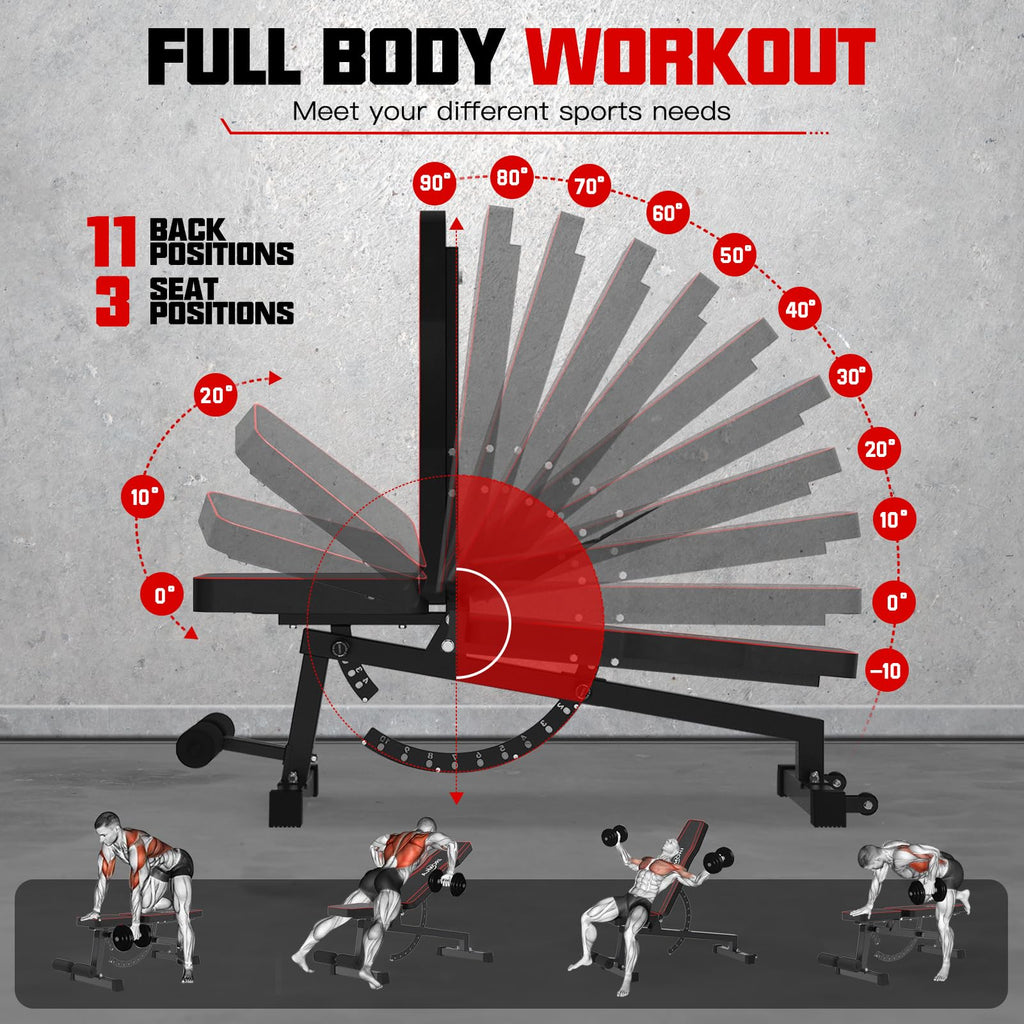Craques adjustable weight bench for home gym showing 11 back positions and 3 seat positions for full body workout