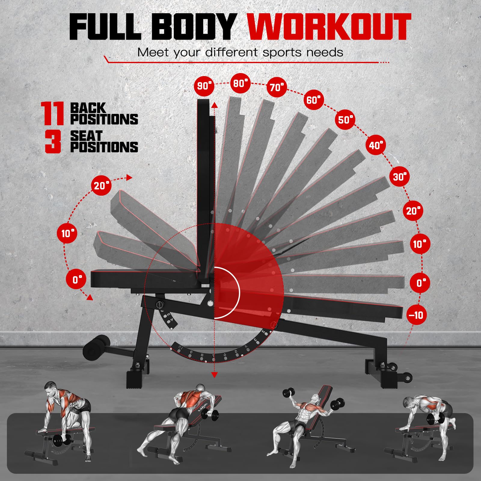 Craques adjustable weight bench for home gym showing 11 back positions and 3 seat positions for full body workout