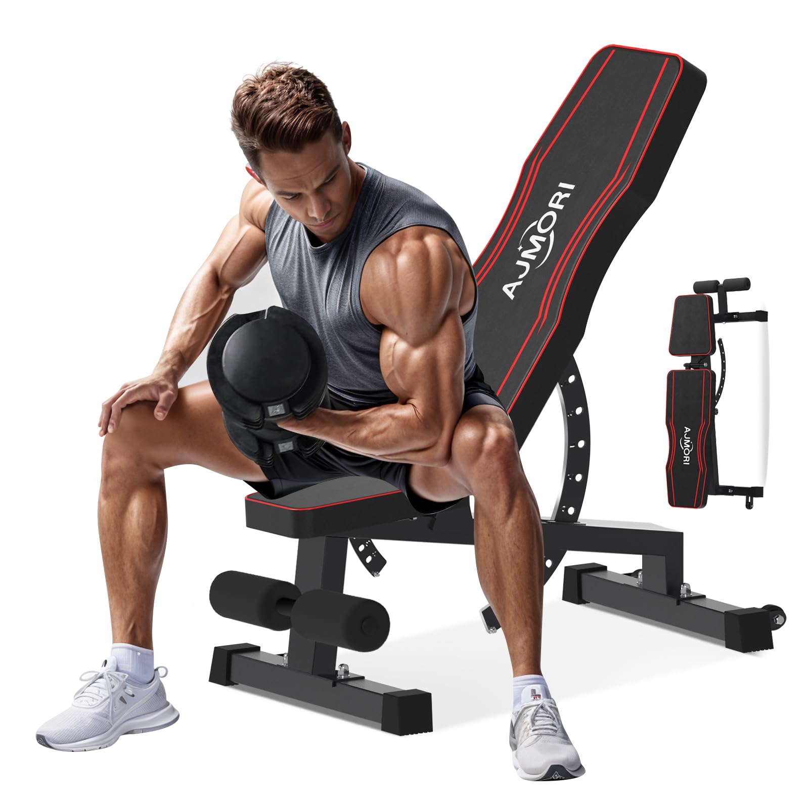 Craques adjustable weight bench for home gym with padded seat and backrest, shown with man lifting dumbbells