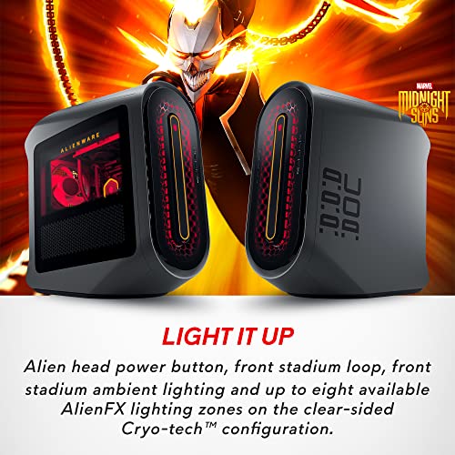 Alienware Aurora R15 gaming desktop with bold red ambient lighting and clear-sided Cryo-tech configuration