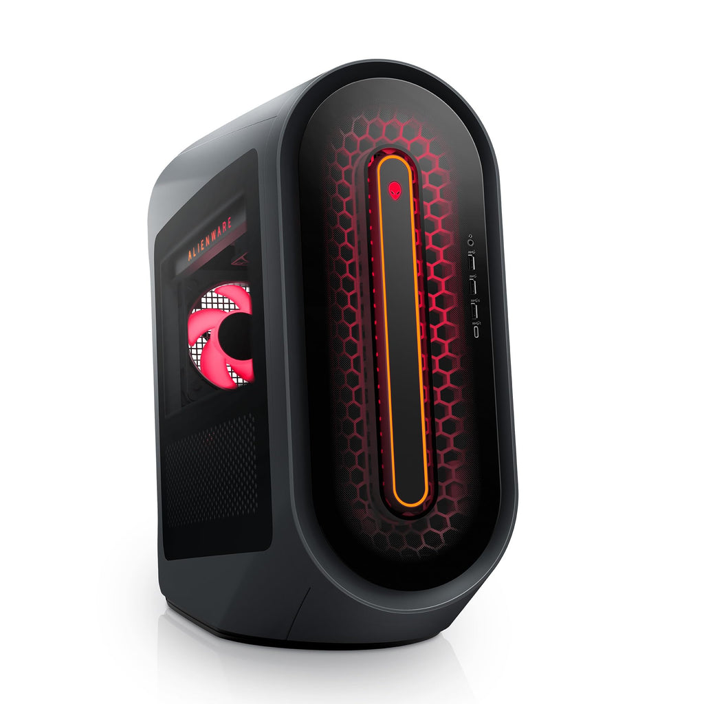 Alienware Aurora R15 gaming desktop with black curved case and red LED lighting