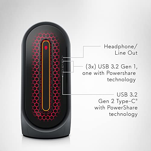 Front view of Alienware Aurora R15 gaming desktop showing USB and headphone ports with PowerShare technology