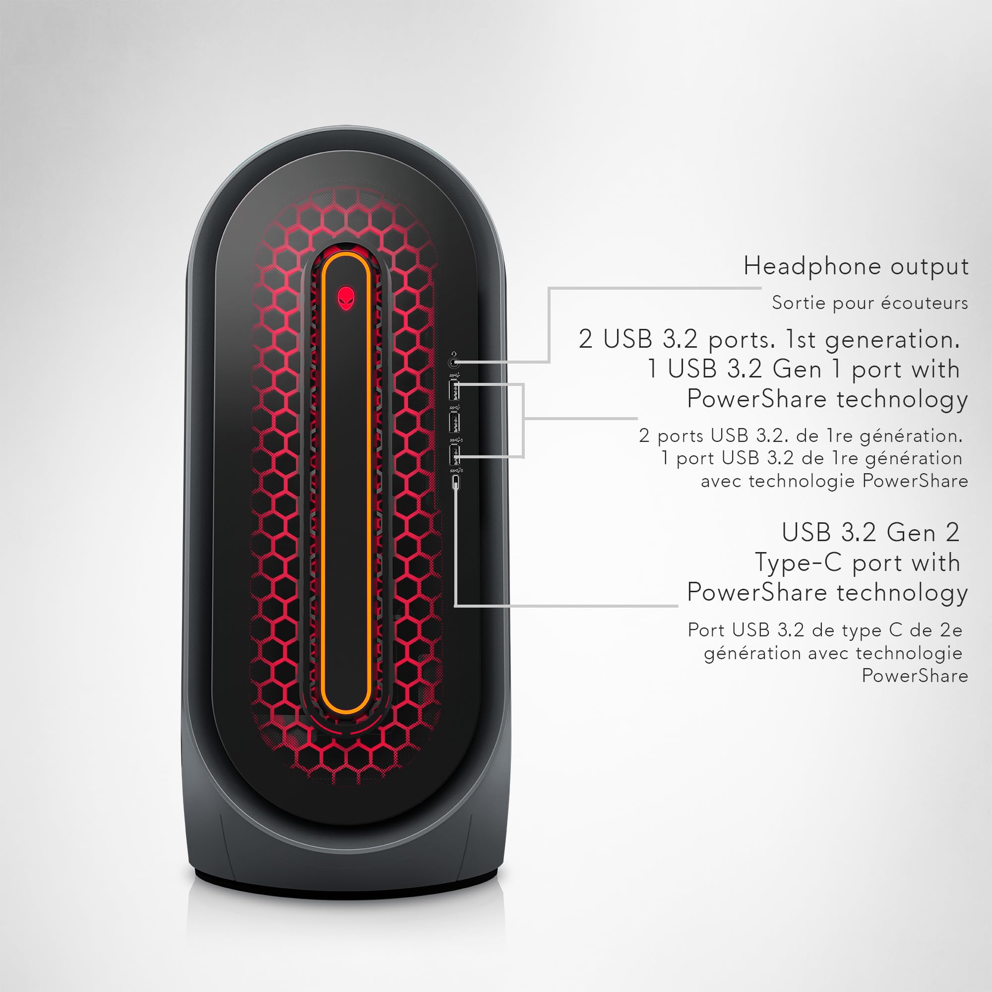 Alienware Aurora R15 gaming desktop front view with USB 3.2 ports headphone output and PowerShare technology