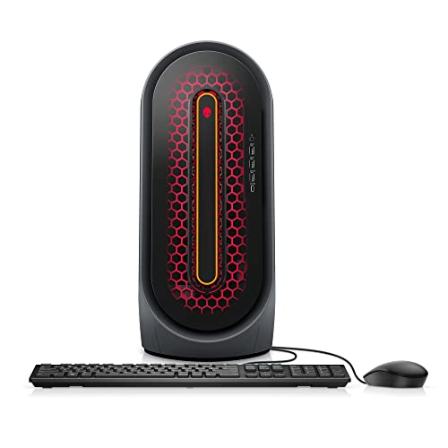 Alienware Aurora R15 gaming desktop with black and red design, paired with wired keyboard and mouse