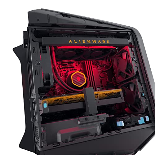 Open side view of Alienware Aurora R15 gaming desktop showing internal components with red lighting