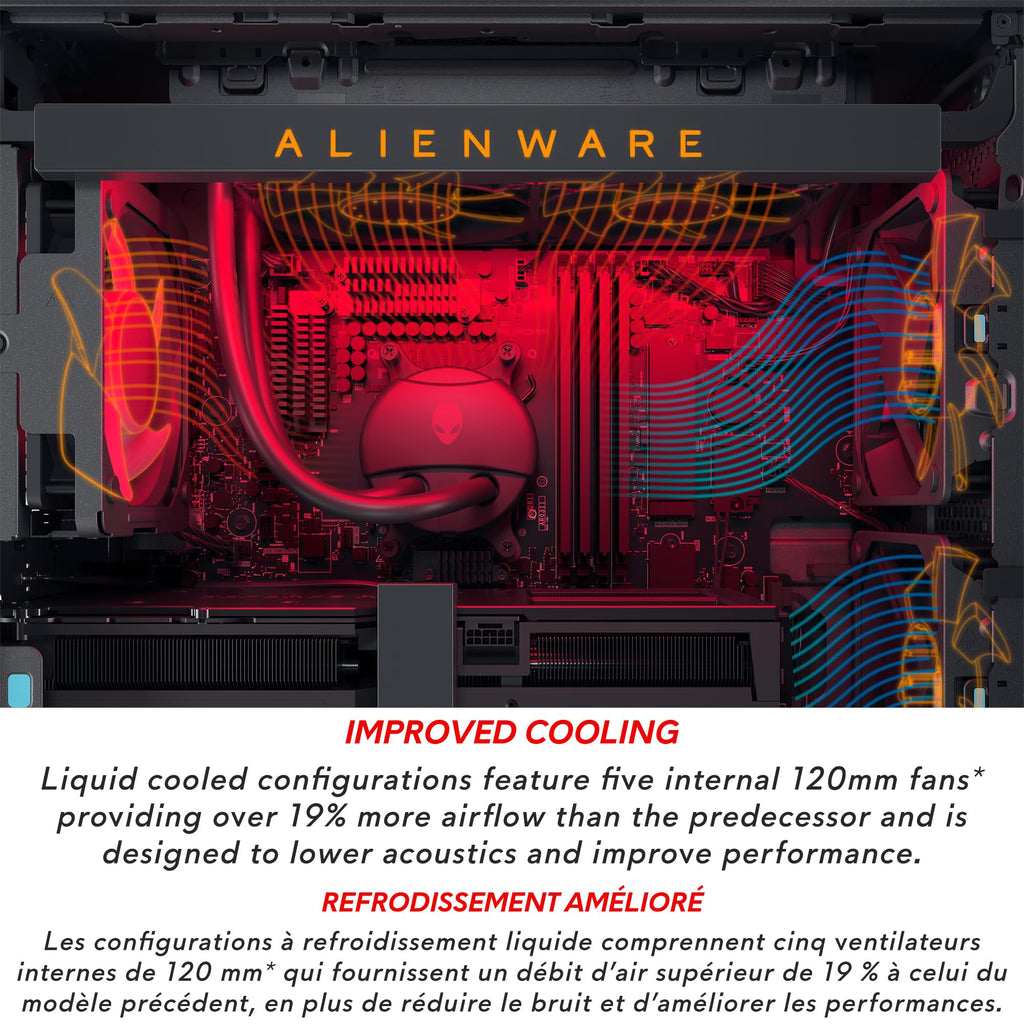 Alienware Aurora R15 gaming desktop internal view with liquid cooling system and enhanced airflow