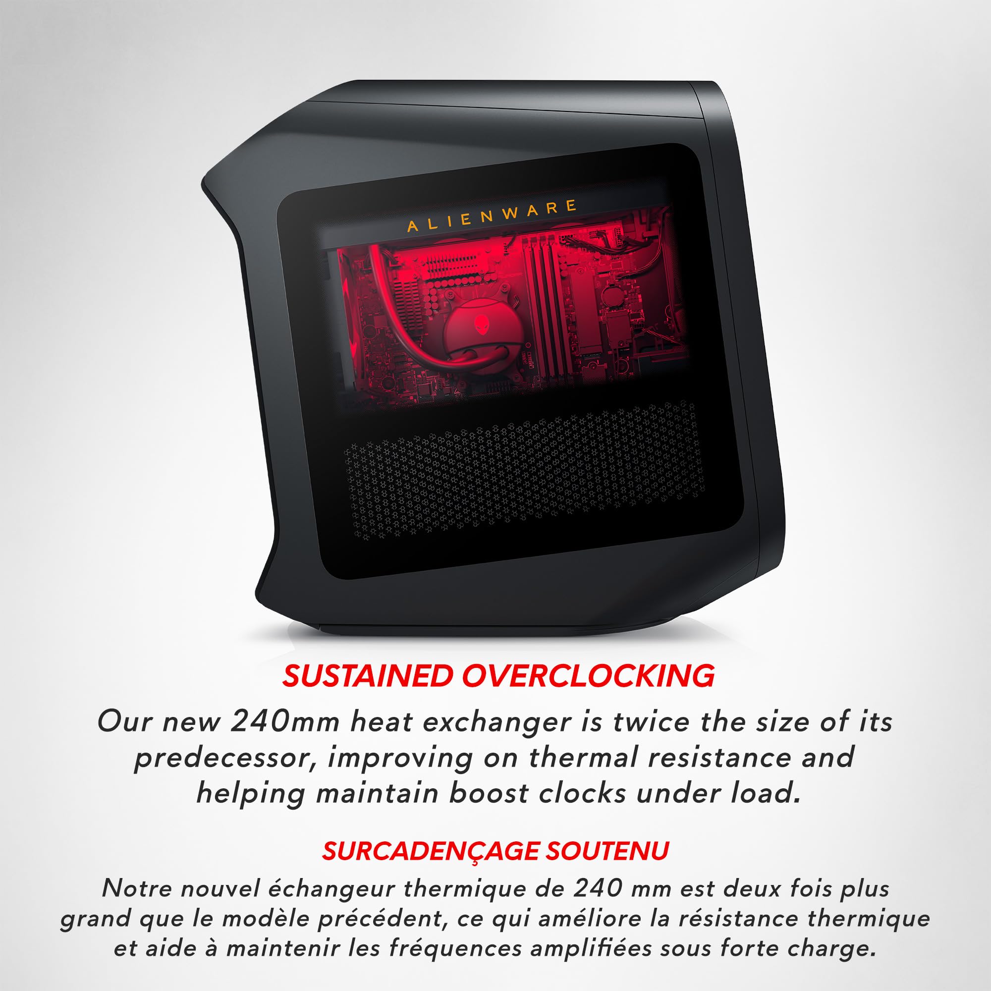 Alienware Aurora R15 gaming desktop with red internal lighting and black curved chassis by craques