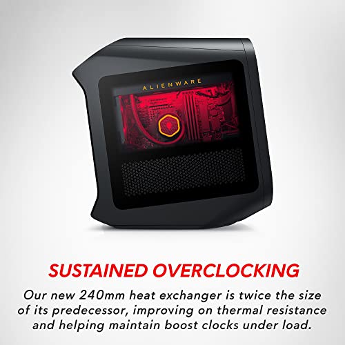 Alienware Aurora R15 gaming desktop side view showing advanced cooling system with red lighting and heat exchanger