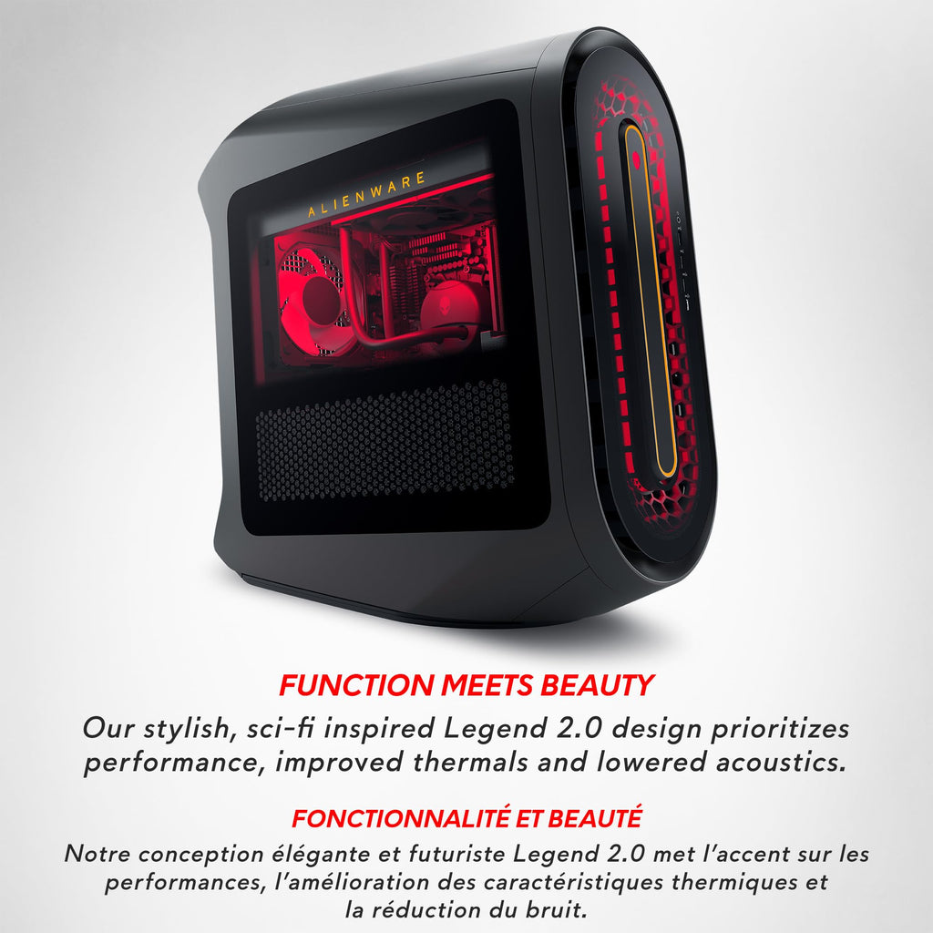 Alienware Aurora R15 gaming desktop with black sci-fi design and red internal lighting