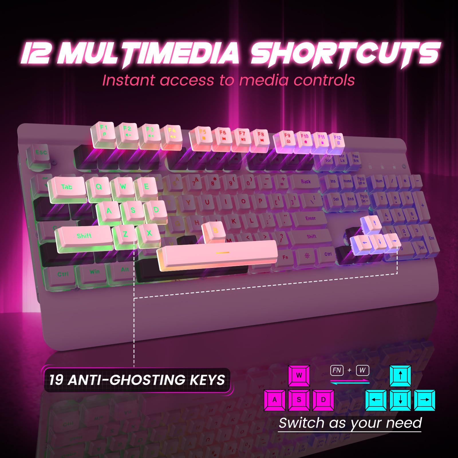 Craques all-metal RGB gaming keyboard with 12 multimedia shortcuts and 19 anti-ghosting keys for precise control