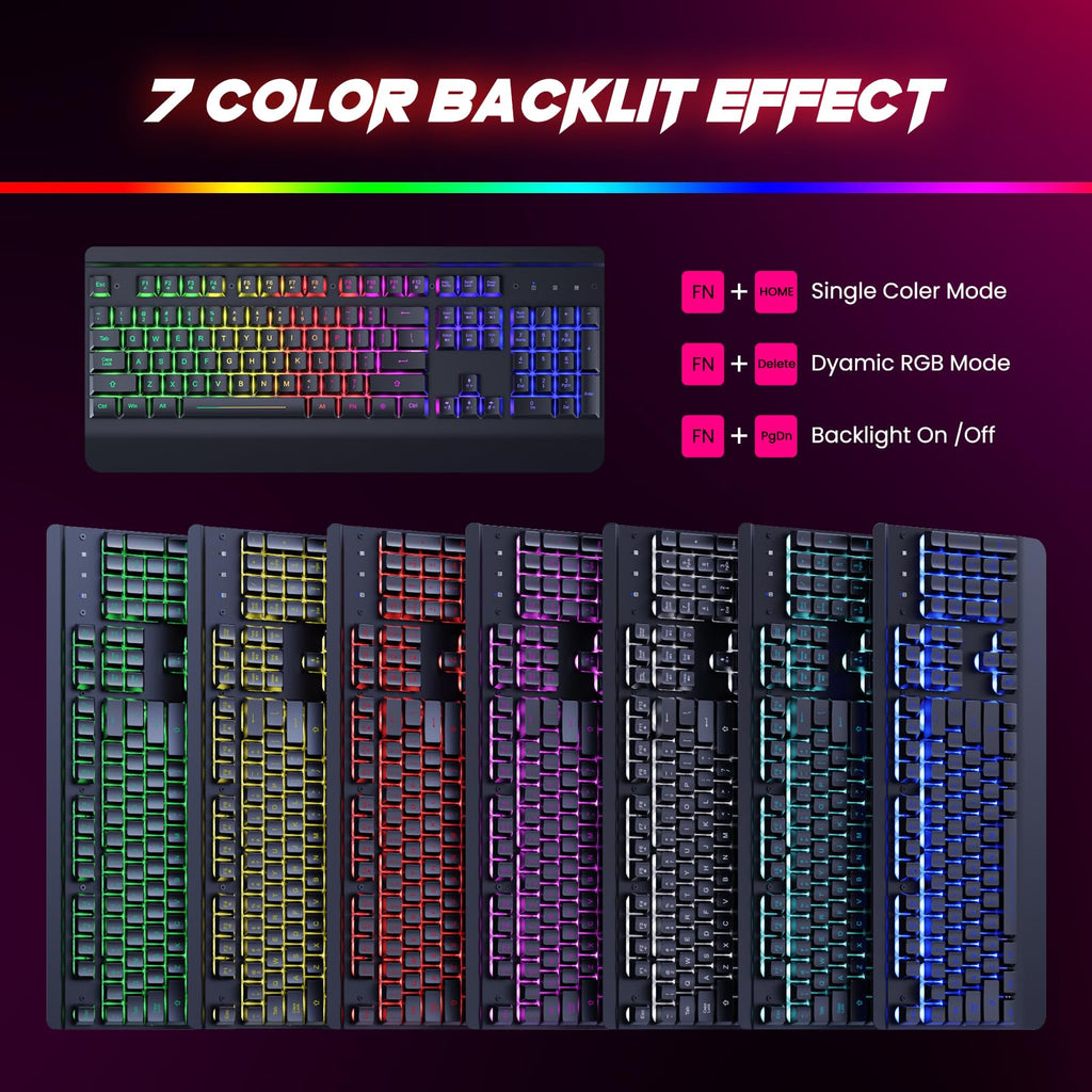 craques all-metal RGB gaming keyboard showing 7 color backlit effect with customizable lighting modes