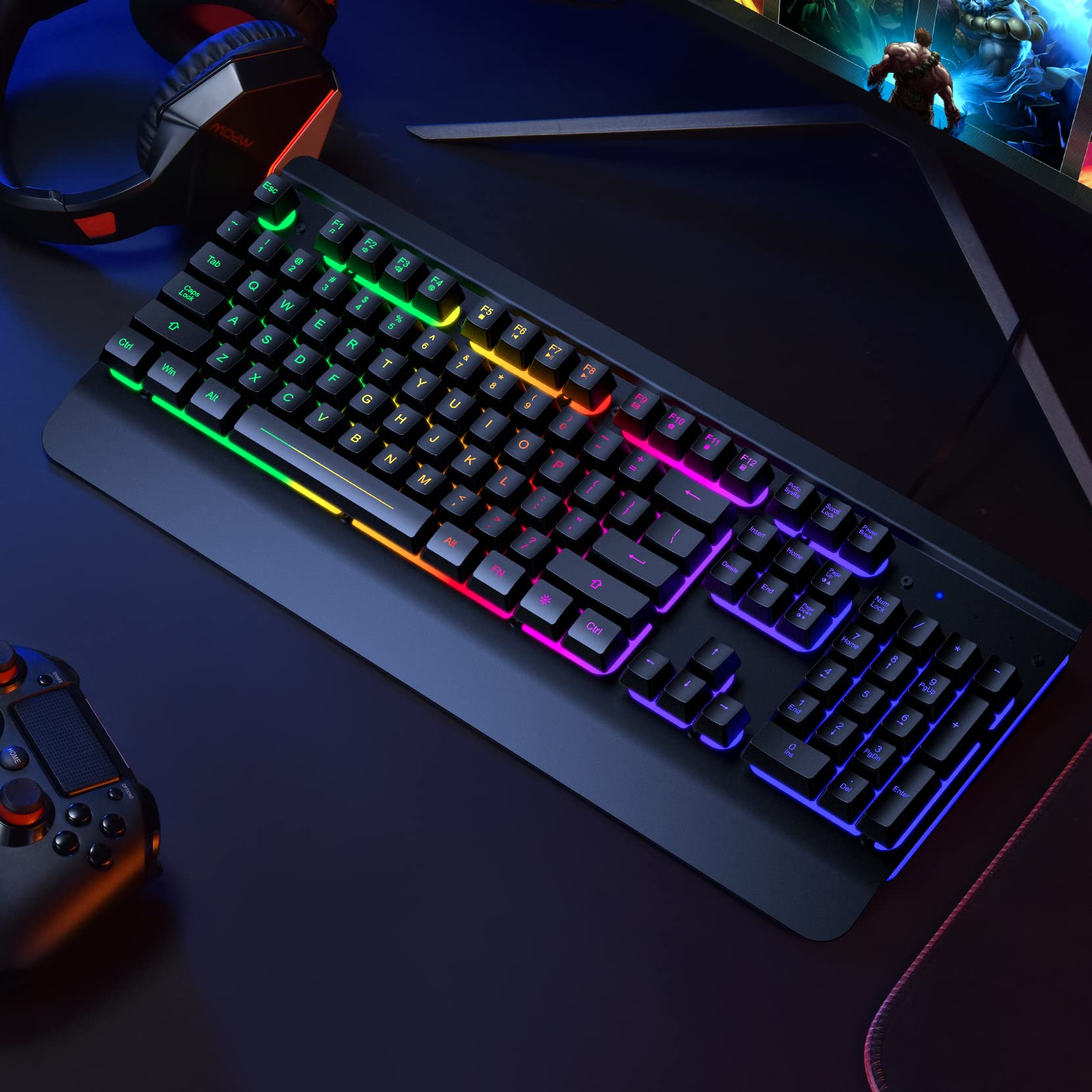Craques all-metal RGB gaming keyboard with colorful backlighting on a dark gaming desk setup