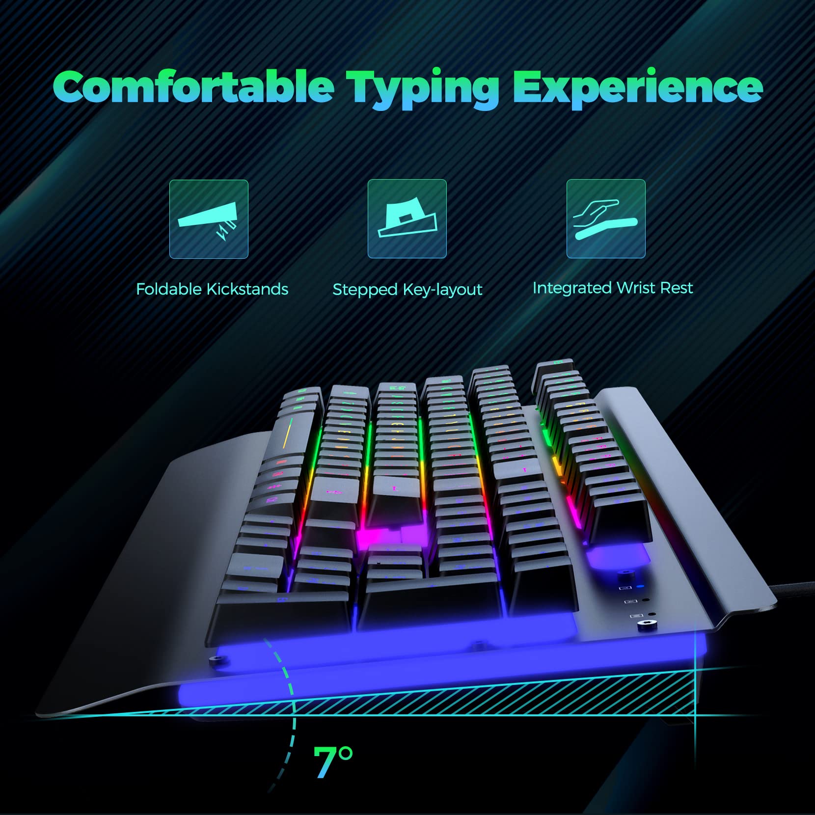 Craques all-metal RGB gaming keyboard with foldable kickstands stepped key layout and integrated wrist rest