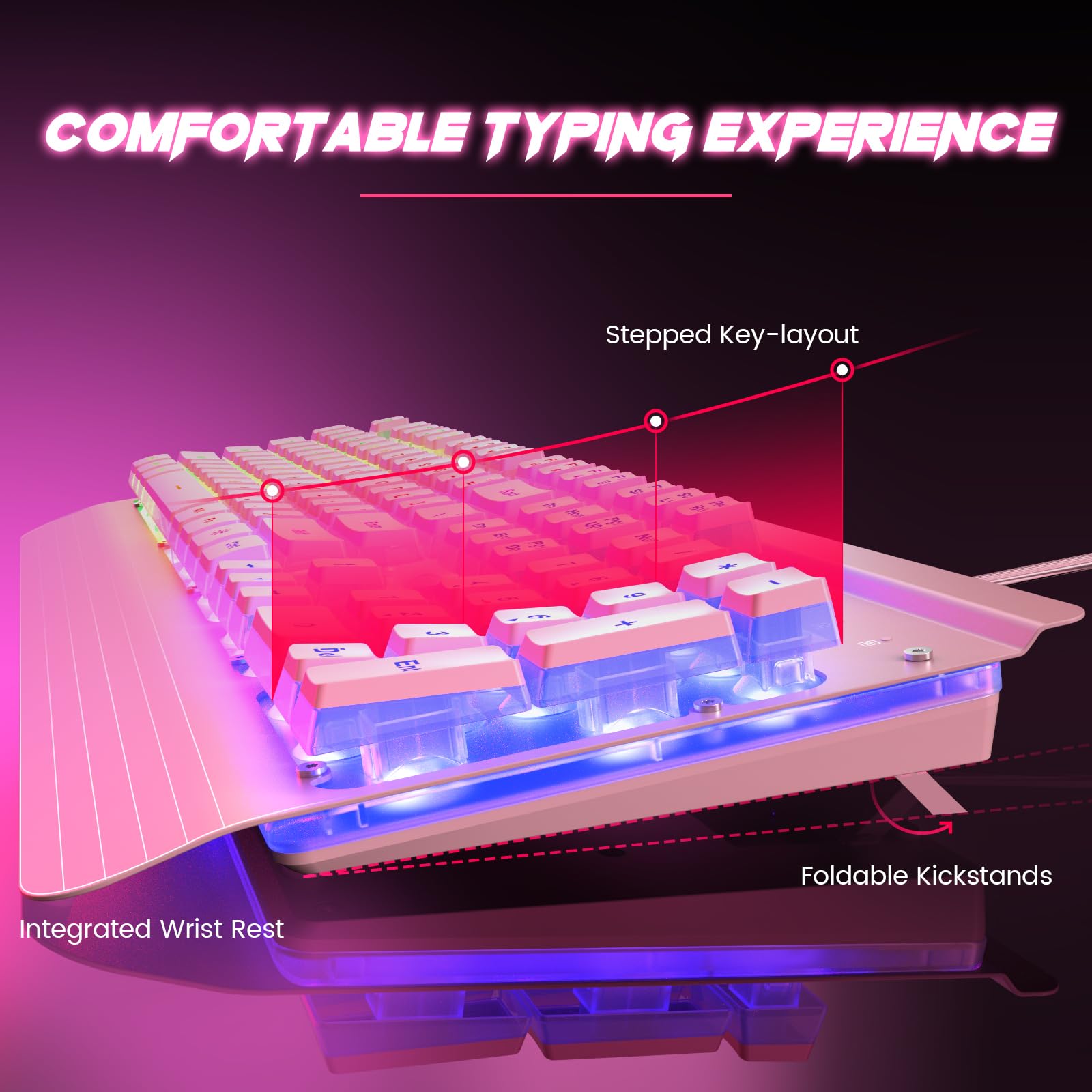 craques all-metal RGB gaming keyboard with integrated wrist rest, stepped key-layout, and foldable kickstands