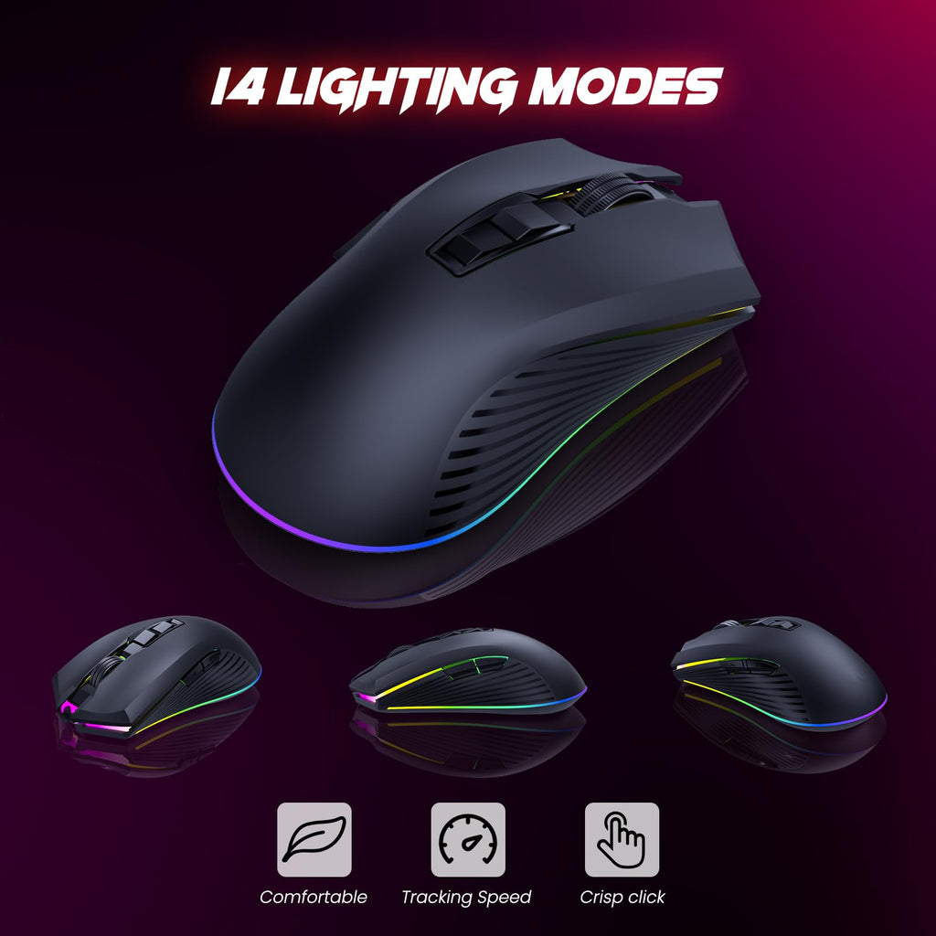 Craques gaming mouse with 14 lighting modes featuring comfortable grip and crisp click controls