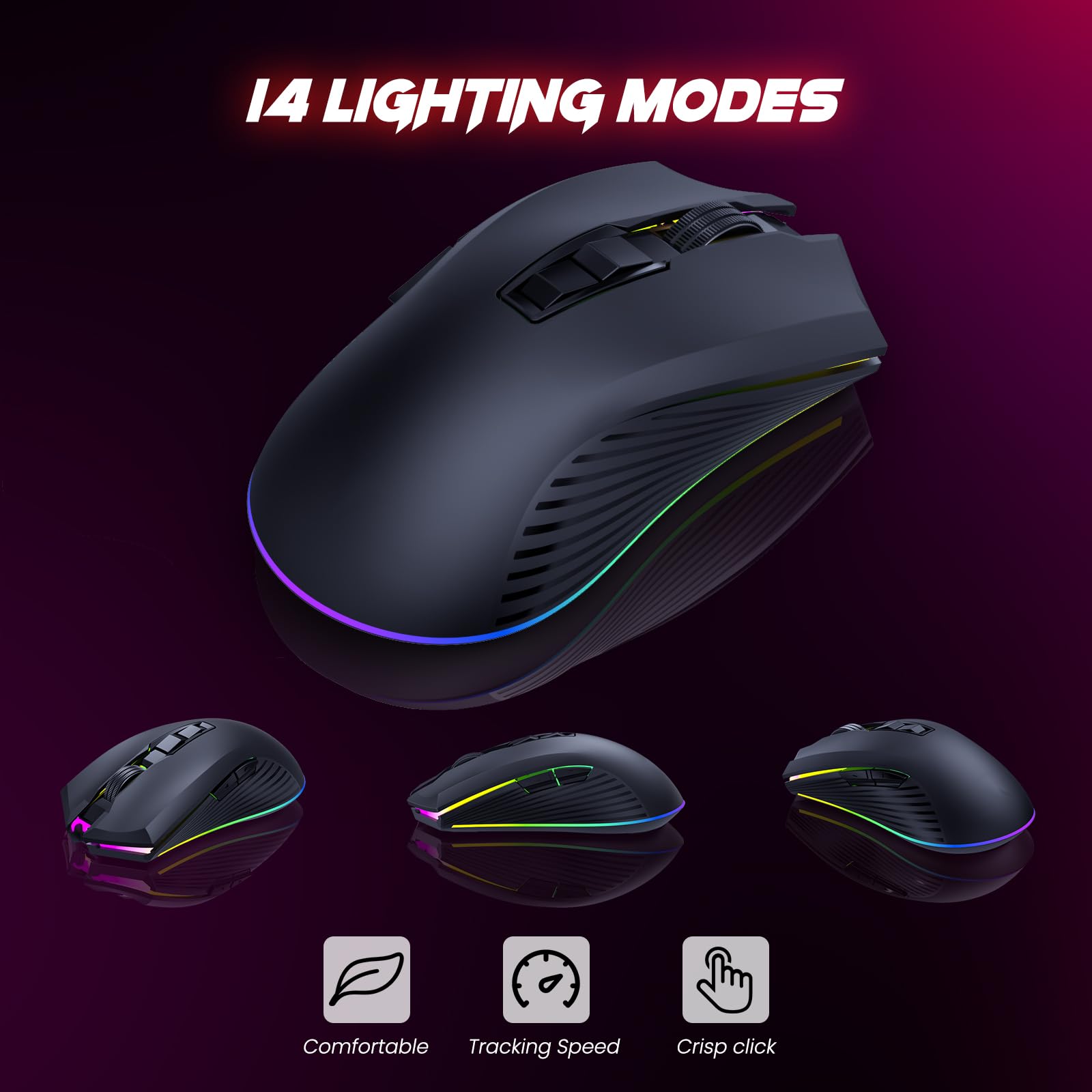 Craques gaming mouse with 14 lighting modes featuring comfortable grip and crisp click controls