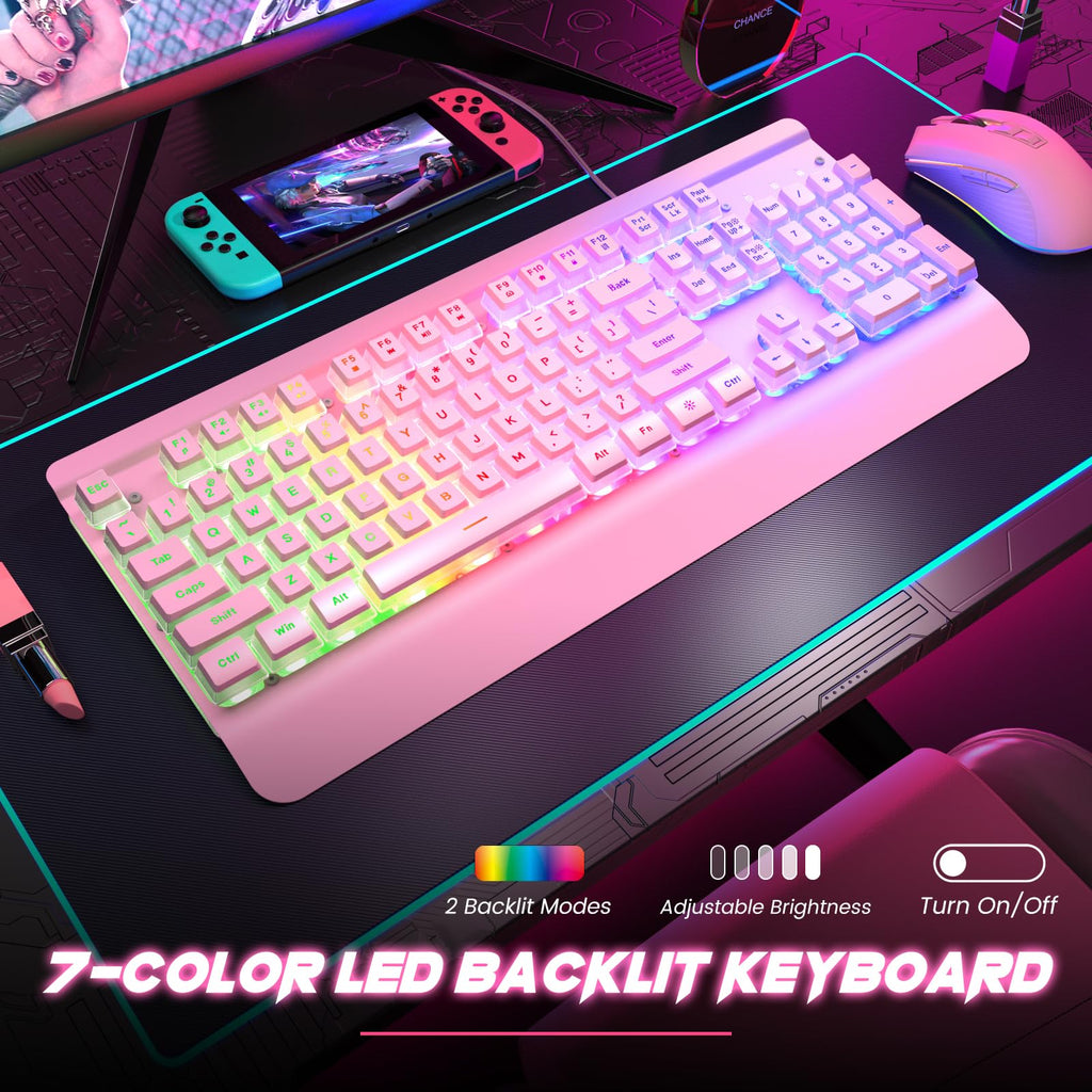 Craques all-metal RGB gaming keyboard with 7-color LED backlit keys on a black desk setup