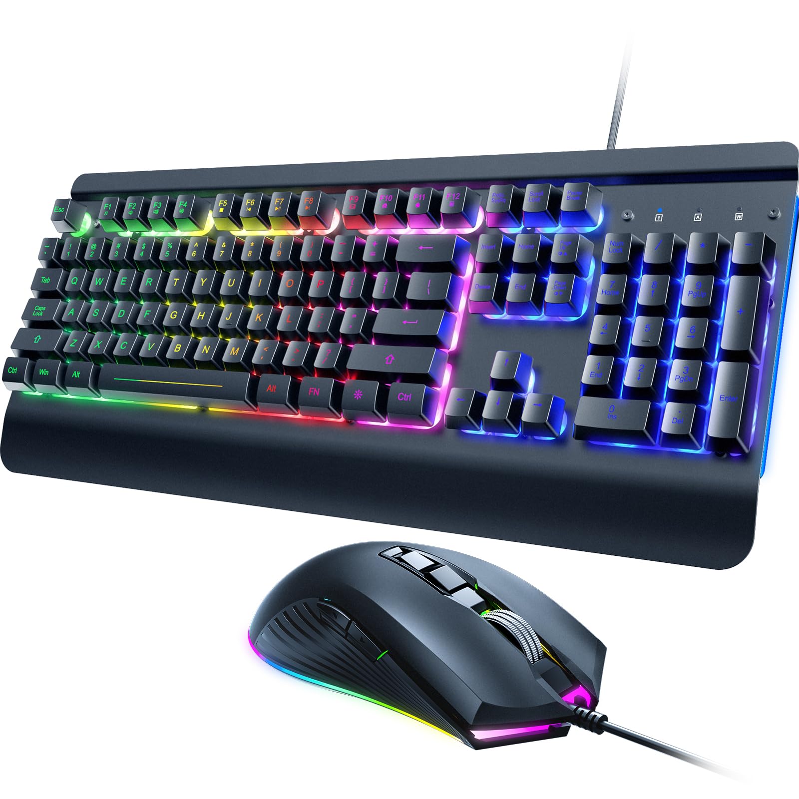 Craques all-metal RGB gaming keyboard with colorful backlit keys and ergonomic wrist rest alongside matching RGB gaming mouse