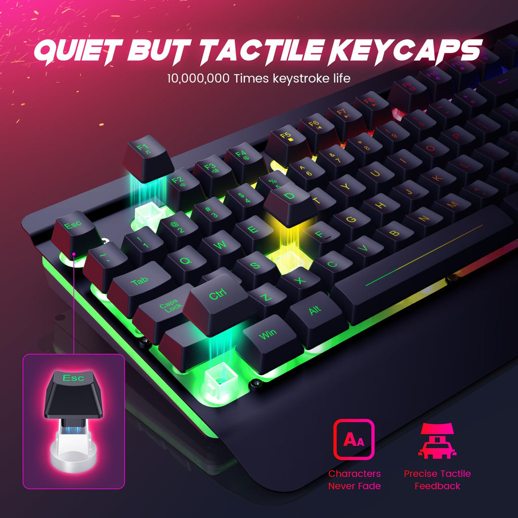 Craques all-metal RGB gaming keyboard with quiet tactile keycaps and long keystroke life