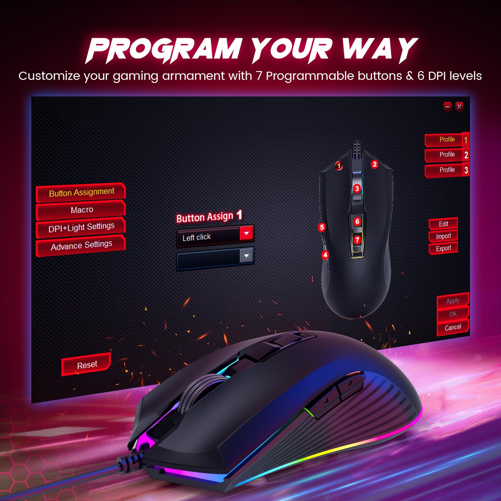 Craques gaming mouse with 7 programmable buttons and RGB lighting displayed on screen interface