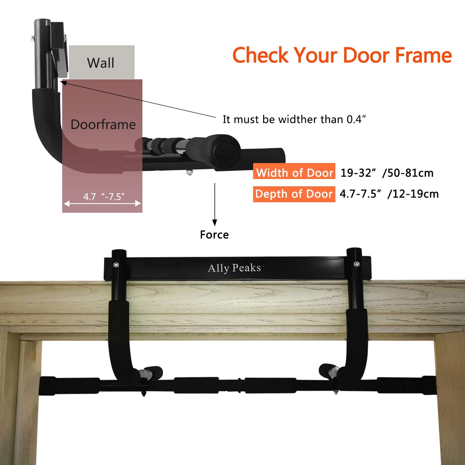 Doorway pull up bar for home gym installed on wooden door frame with adjustable width and padded grips