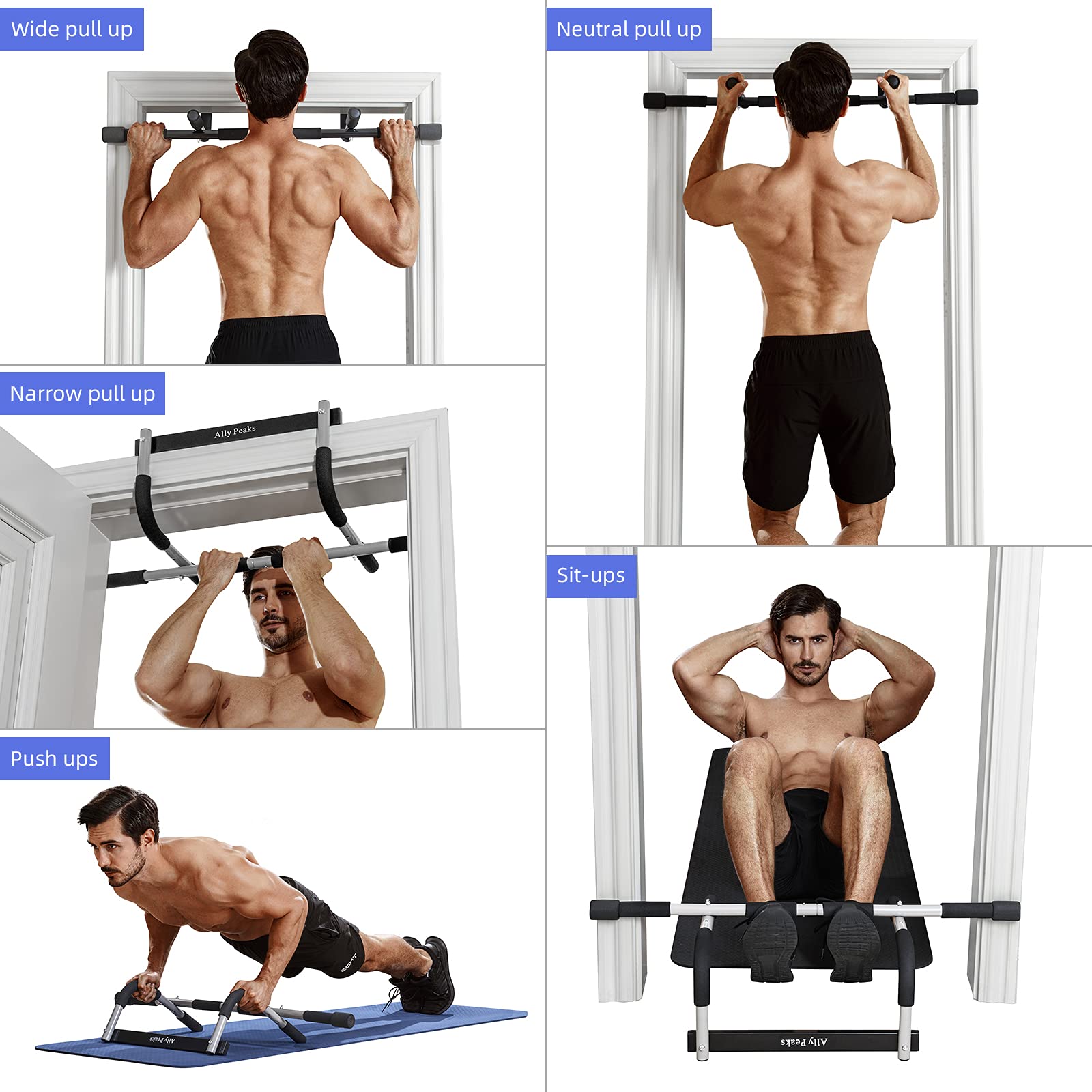 Man demonstrating exercises with doorway pull up bar for home gym including pull ups push ups and sit ups