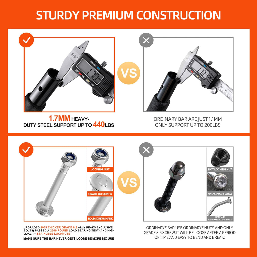 Comparison of sturdy 1.7mm steel and upgraded bolts versus ordinary parts showing premium construction of doorway pull up bar for home gym