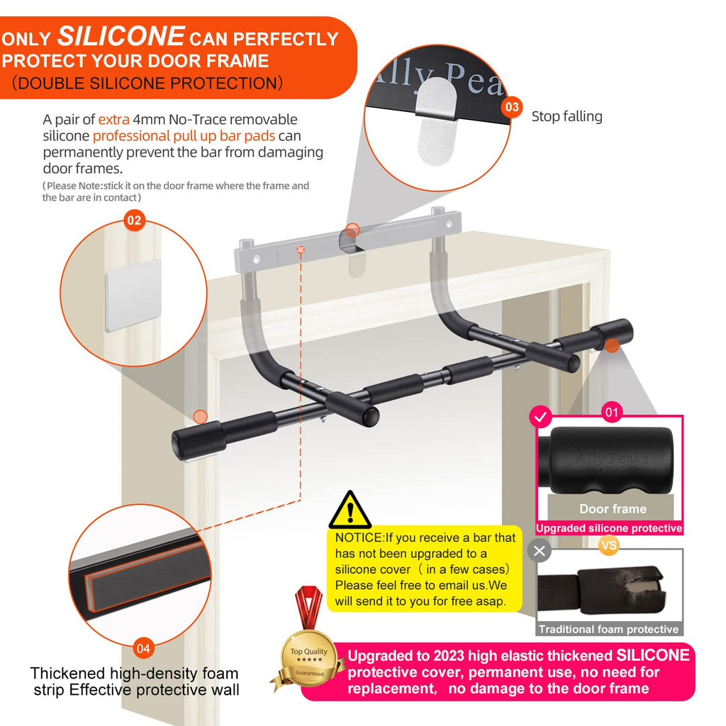 Doorway pull up bar for home gym with silicone pads and foam protection to prevent door frame damage