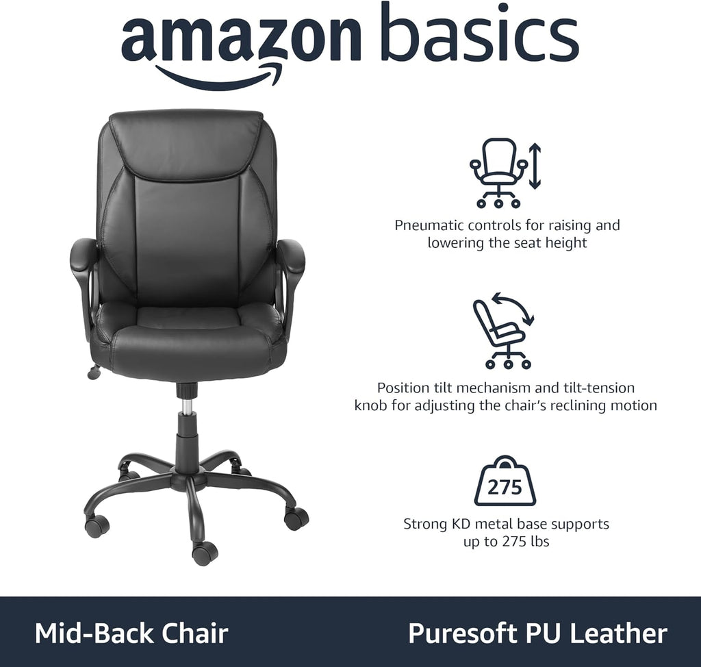 Amazon Basics black ergonomic office chair with mid-back, pneumatic seat height control, and reclining tilt mechanism