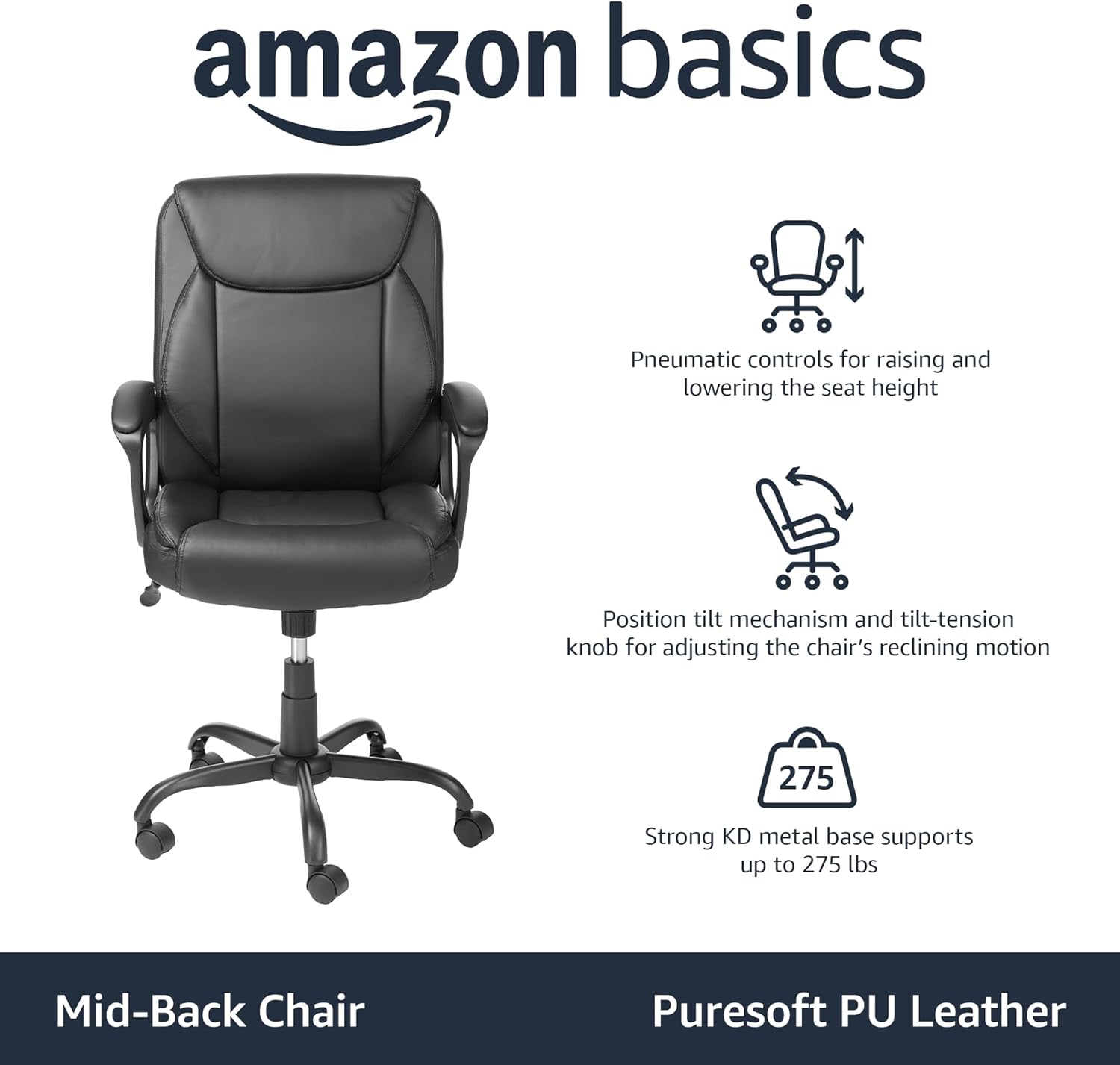 Amazon Basics black ergonomic office chair with mid-back, pneumatic seat height control, and reclining tilt mechanism