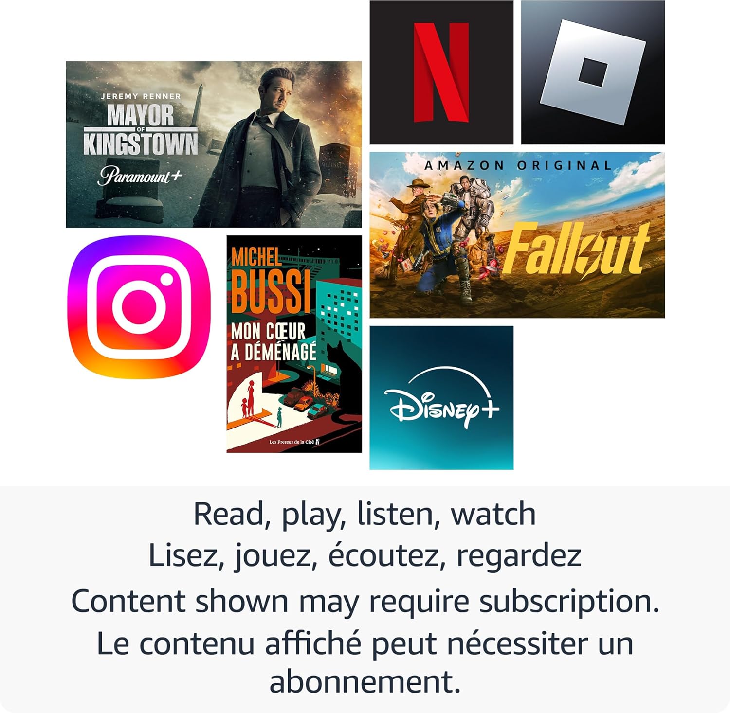 Amazon Fire HD 8 tablet screen displaying popular streaming and app icons with subscription notice