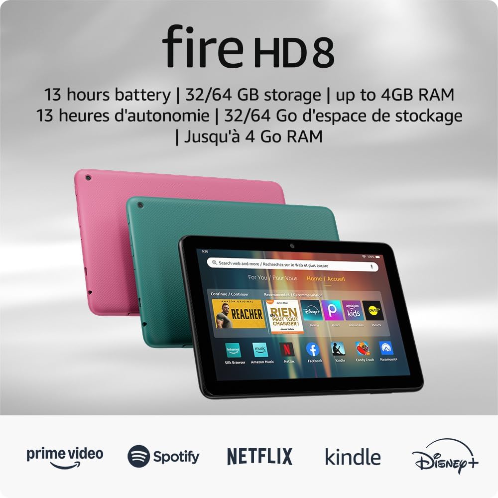 Amazon Fire HD 8 tablet shown in pink and green with apps like Netflix and Spotify on screen