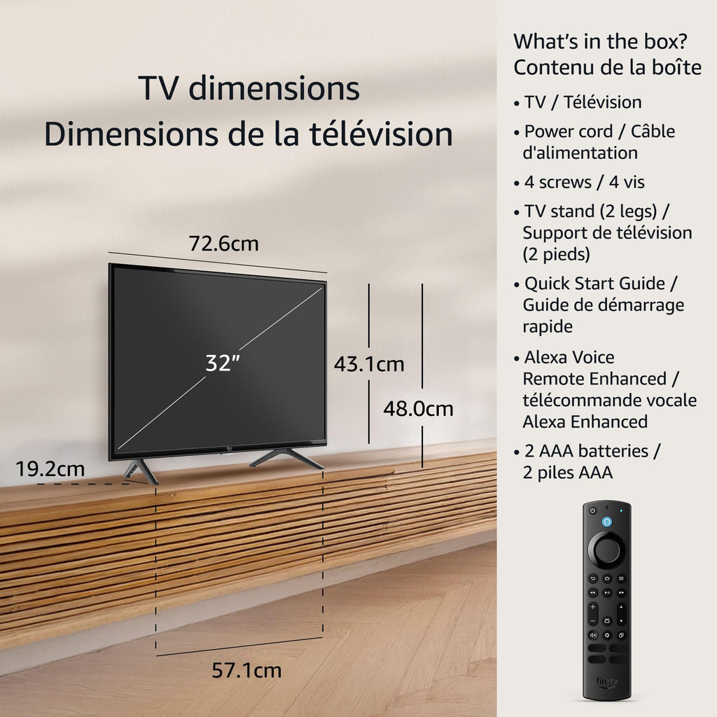 Amazon Fire TV 40 inch smart TV dimensions and included accessories with Alexa Voice Remote