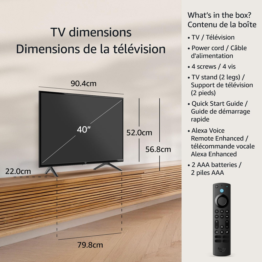 Amazon Fire TV 40 inch smart TV with dimensions and included accessories like remote and power cord