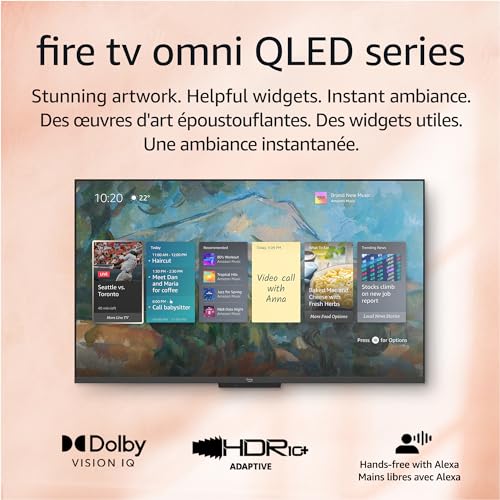 Amazon Fire TV 50 inch QLED displaying smart home widgets with Dolby Vision IQ and HDR10 Plus features