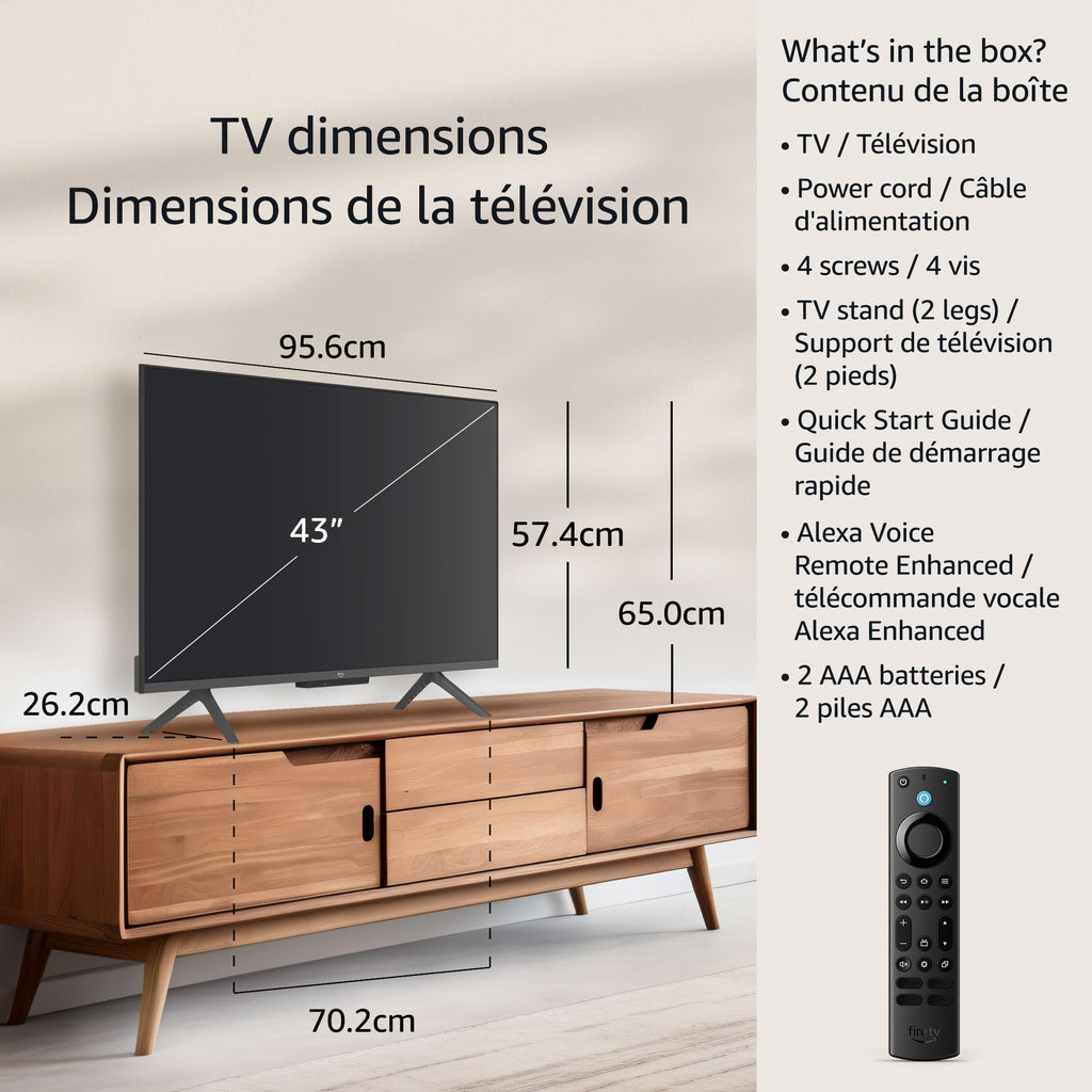 Amazon Fire TV 50 inch QLED with dimensions and included accessories like remote and power cord