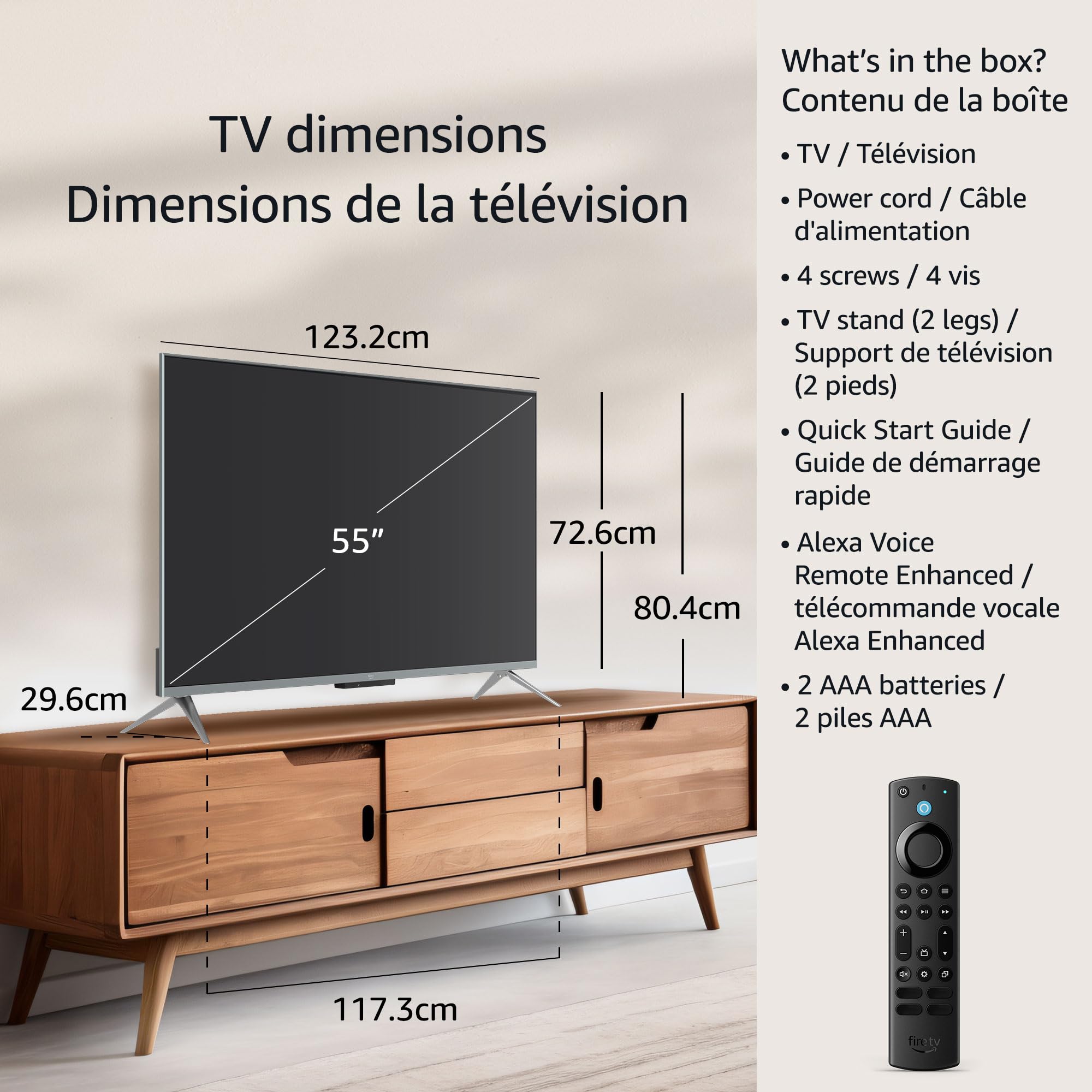 Amazon Fire TV 50 inch QLED on wooden stand with dimensions and included remote and accessories
