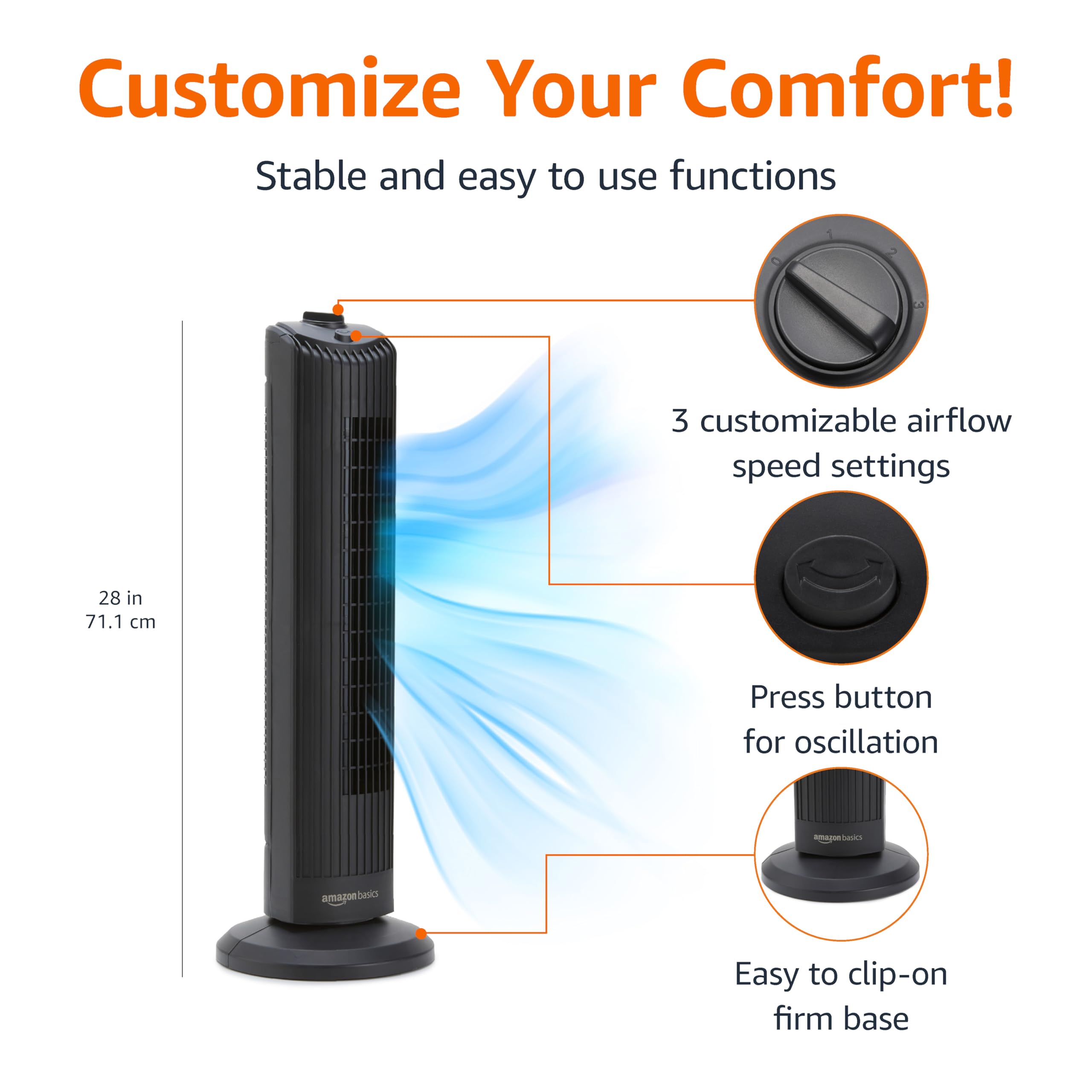 craques oscillating tower fan with remote showing 3 airflow speed settings and clip-on firm base
