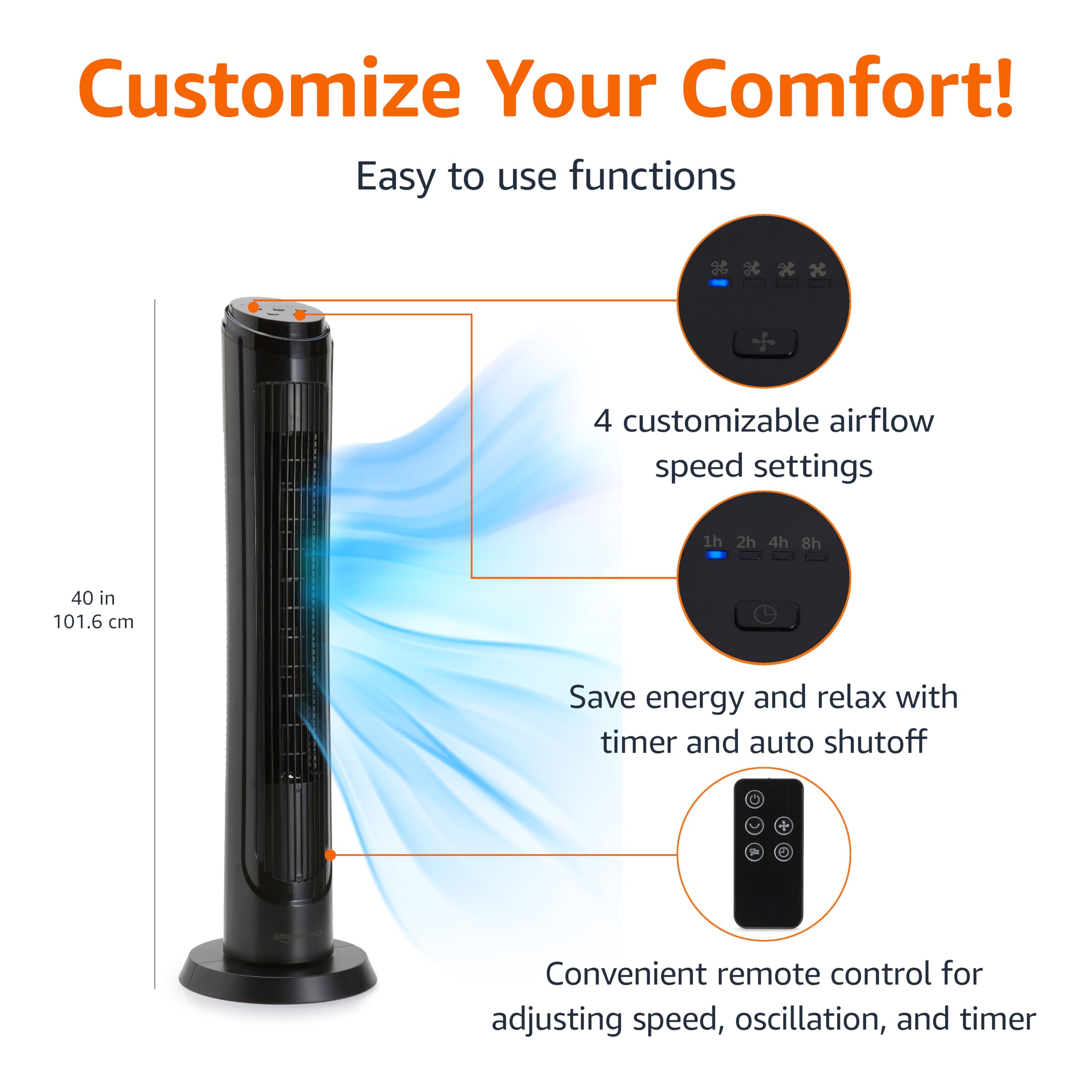 Craques oscillating tower fan with remote featuring 4 airflow speed settings, timer, and auto shutoff