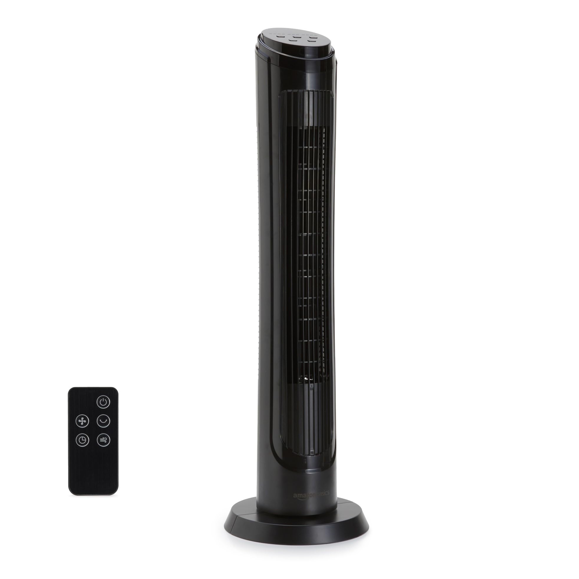 Black Craques oscillating tower fan with remote control on white background