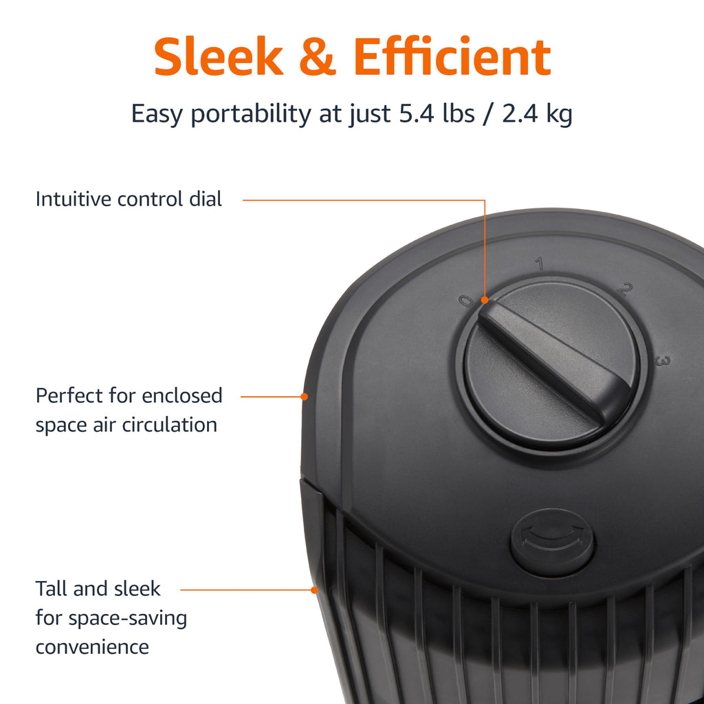 Close-up of oscilliating tower fan with remote showing intuitive control dial and space-saving design