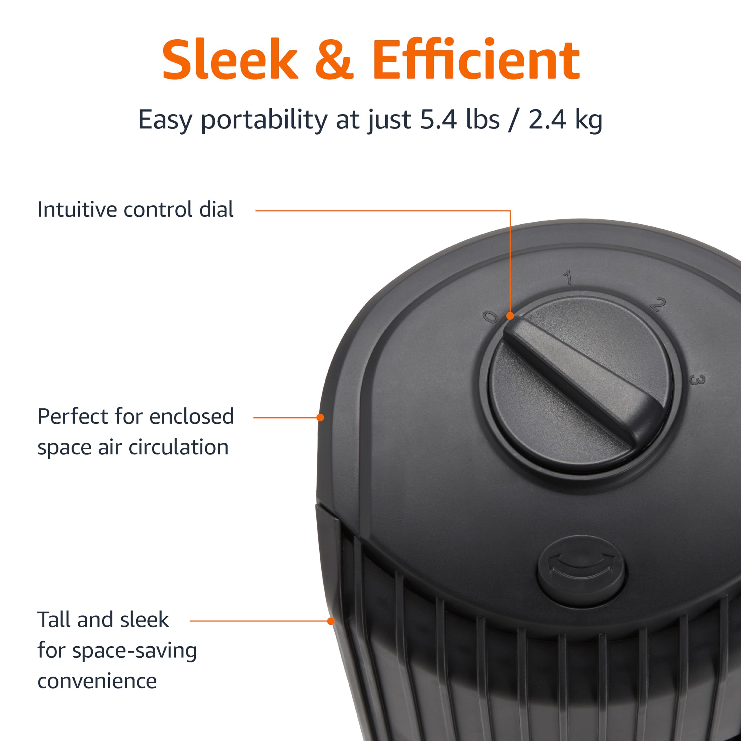 Close-up of oscilliating tower fan with remote showing intuitive control dial and space-saving design