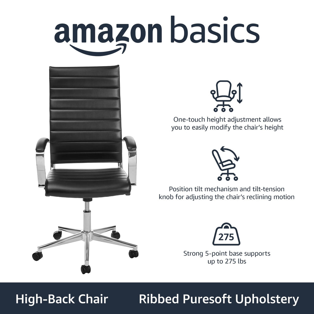 Amazon Basics high-back executive office chair with ribbed black pu leather and adjustable height