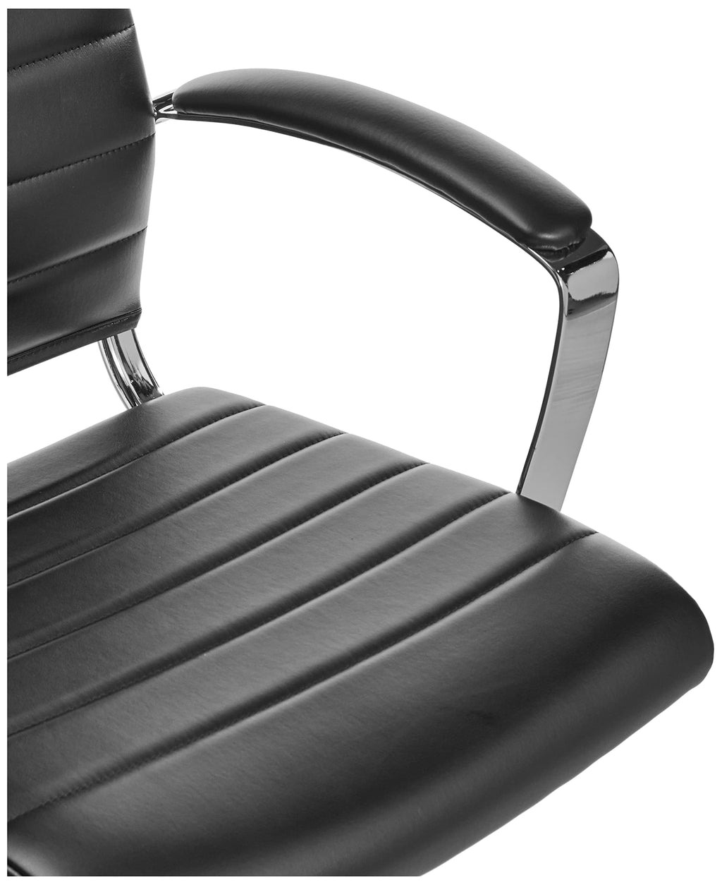 Close-up of black leather padded seat and armrest of craques high-back executive office chair