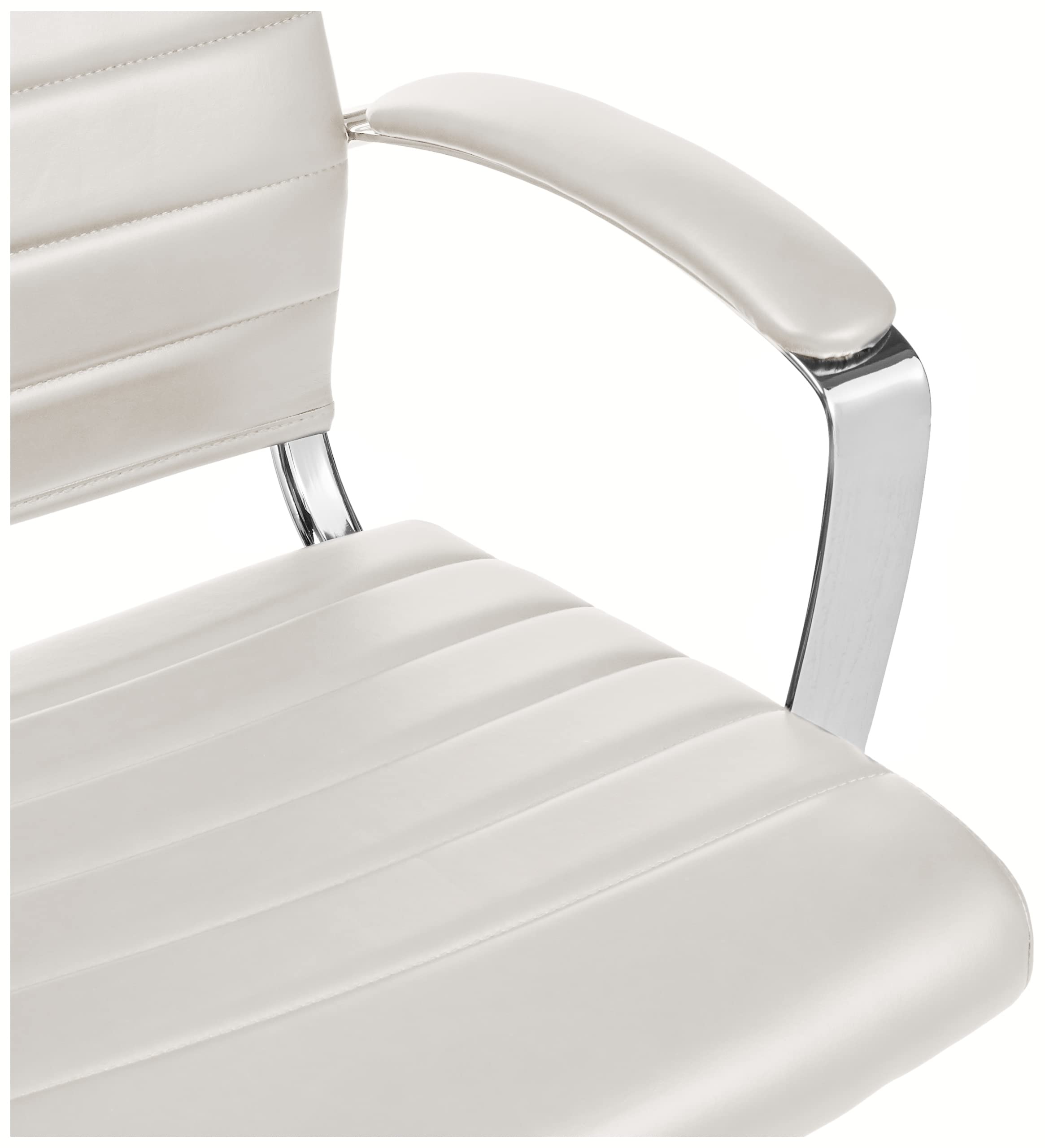 Close-up of craques high-back executive office chair showing white padded seat and armrest with chrome frame