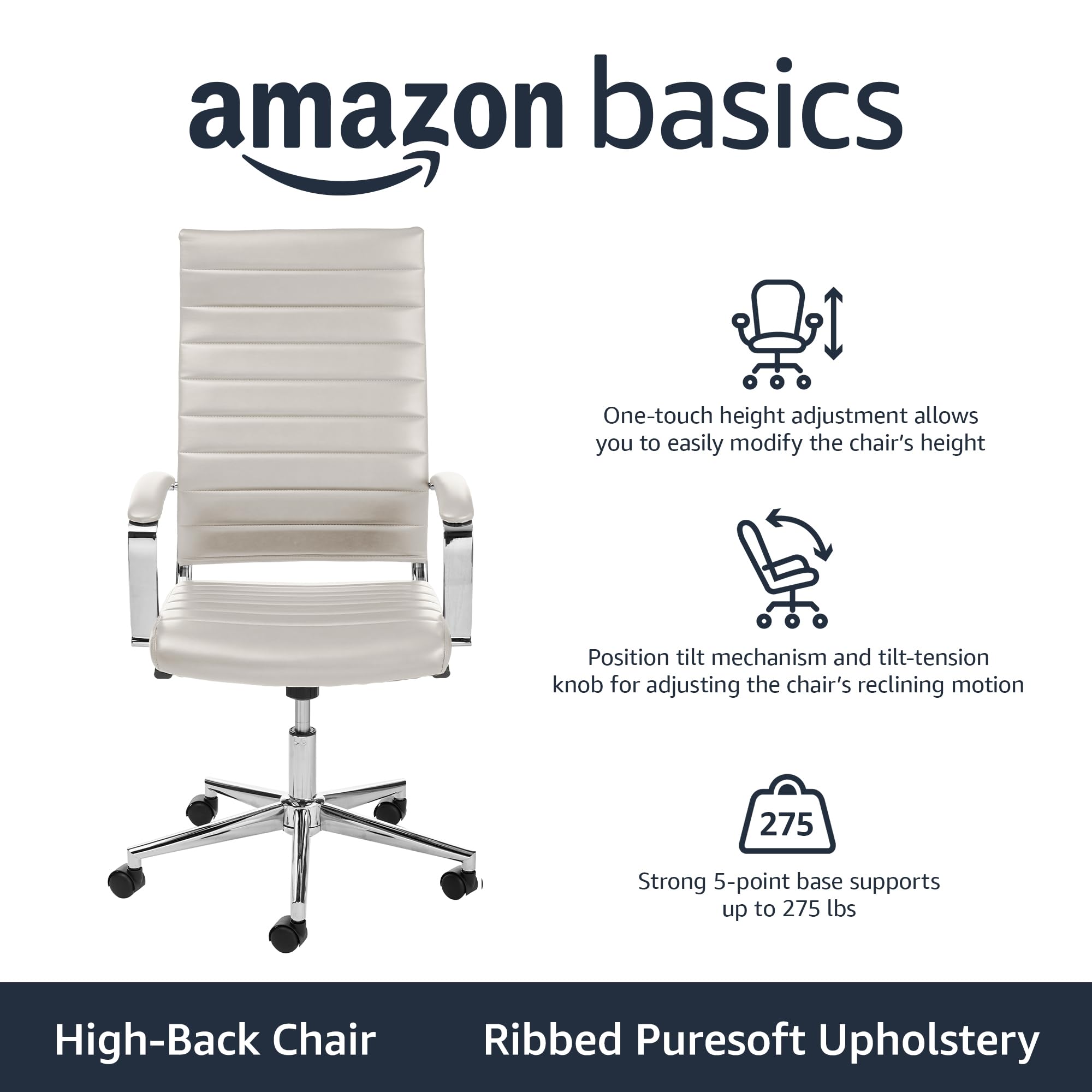 High-back executive office chair with ribbed puresoft upholstery and adjustable height and tilt features