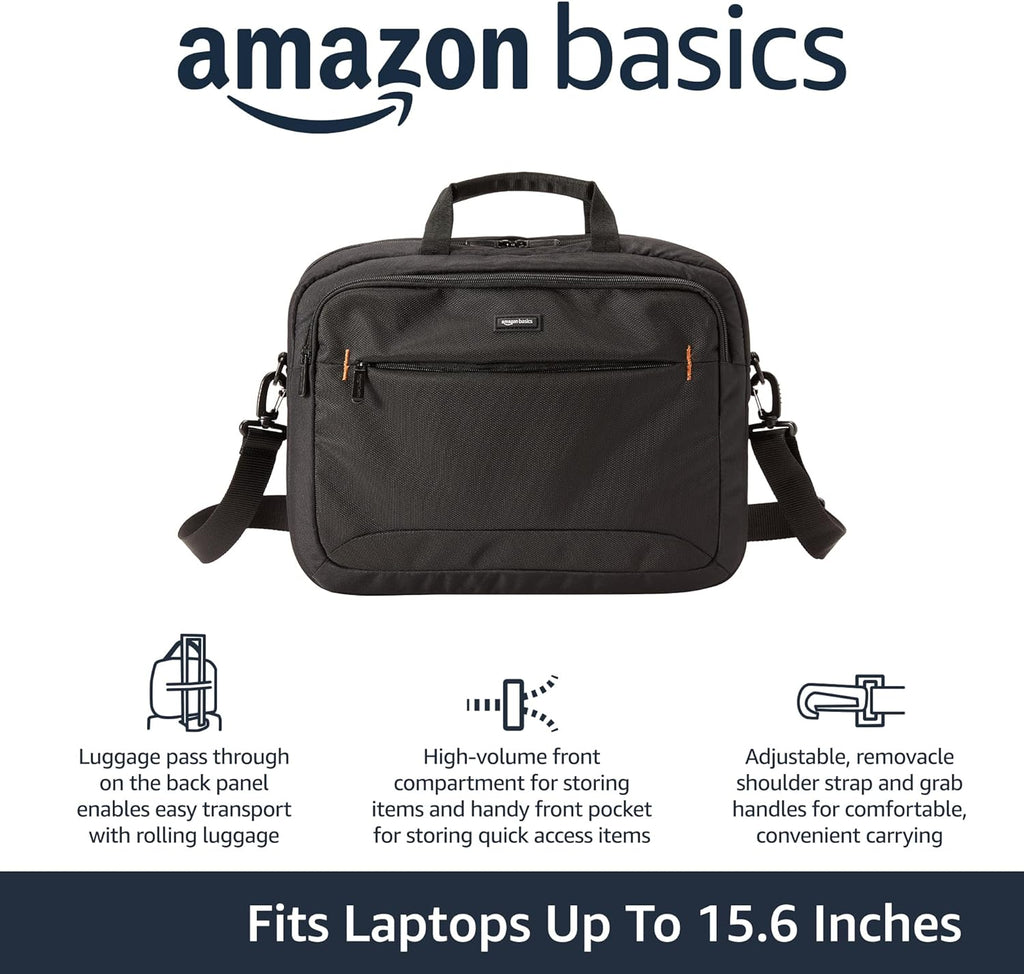 Amazon Basics laptop carrying case 15.6 inch black with adjustable strap and front storage compartments