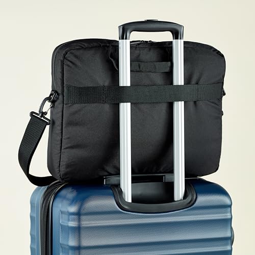 Craques black laptop carrying case 15.6 inch attached to blue luggage handle for travel convenience