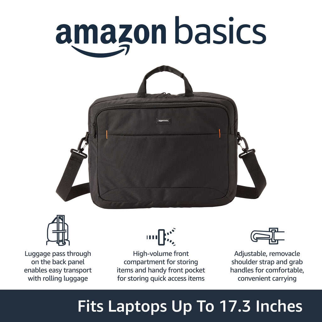 Amazon Basics black laptop carrying case 15.6 inch with adjustable shoulder strap and front storage compartments